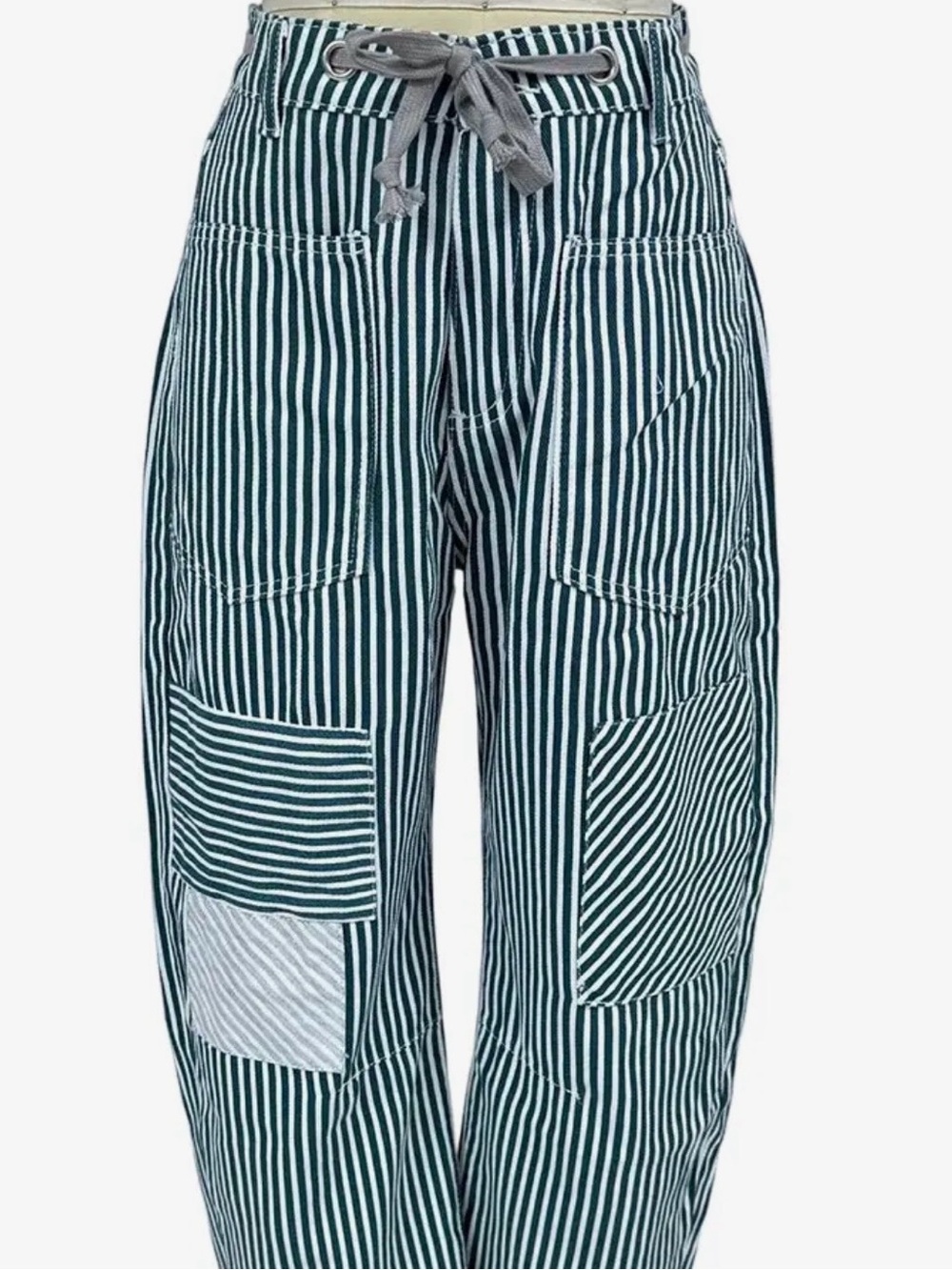 Blue and white Striped Patchwork Drawstring Pants -barrel Pant style